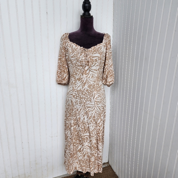 Jessica Simpson Midi Dress Viscose Tan Tropical Sweetheart Neck Puff Sleeve L - Picture 1 of 15